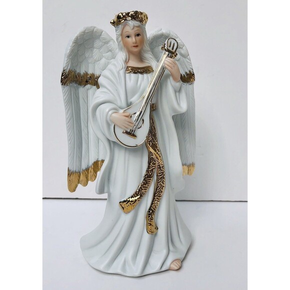 Vintage TRADITIONS Collectable PORCELAIN ANGEL 8.75". Gold Hand Painted Accents - Picture 2 of 9